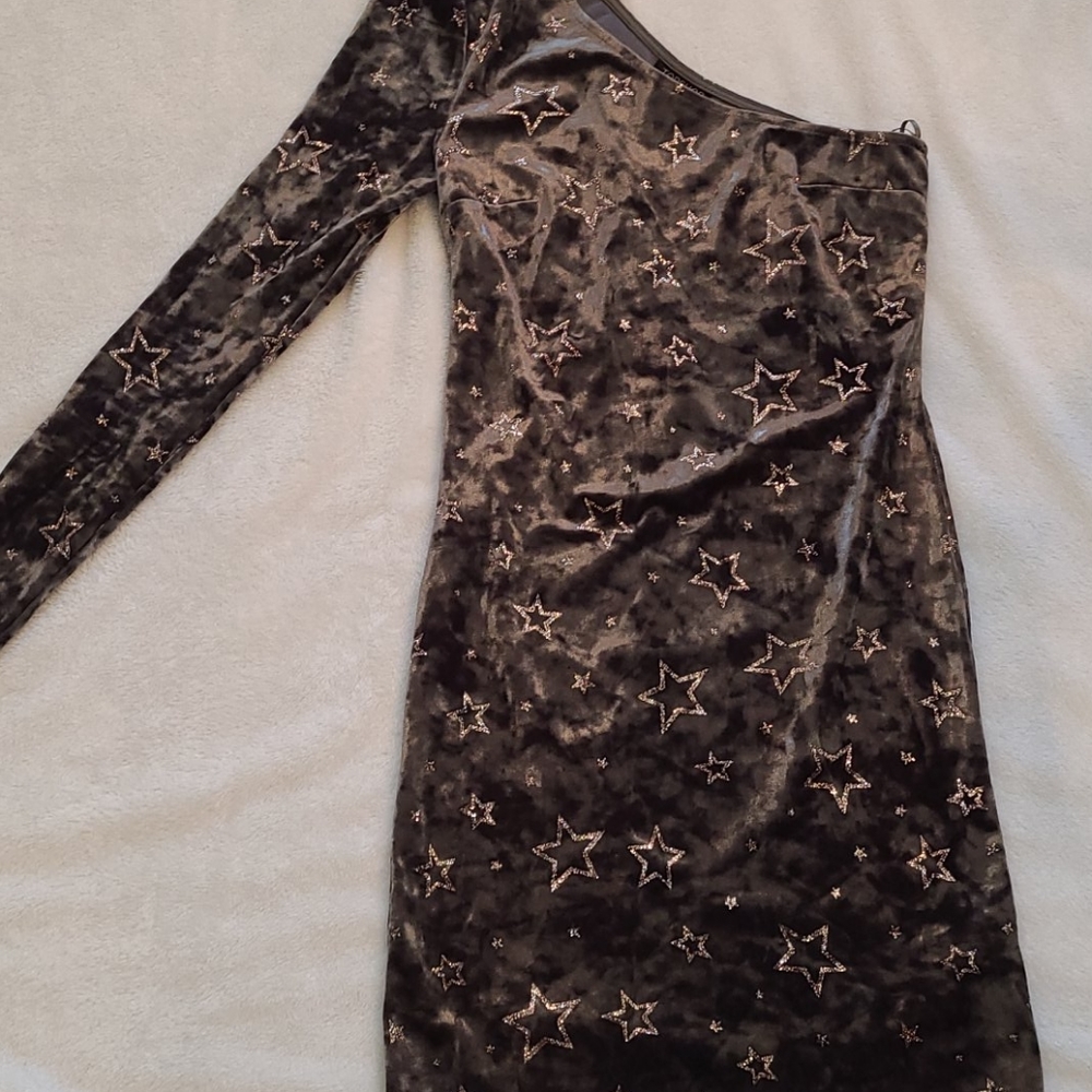 Topshop Size 2 Velvet Holiday Glitter Star Green Off Shoulder Dress - Picture 10 of 10